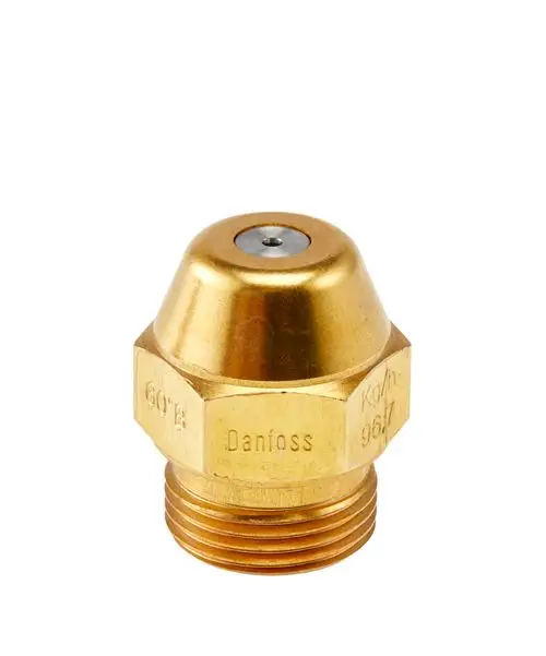 Goldfarbene Düse von Danfoss mit konischer Form und Gewindeanschluss, geeignet für Ölversorgungssysteme.